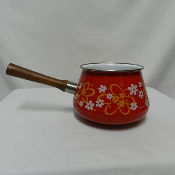 Vintage Fondue Pot Retro Mod Flower Enamelware Red Wood Handle 1970's sauce pan - Picture 1 of 13